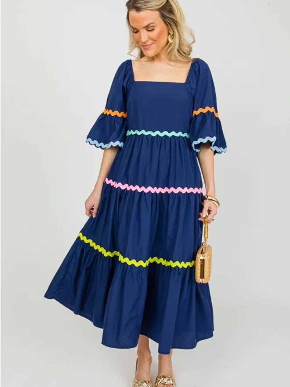 Square Neck Navy Maxi Dress with Colorful Trim